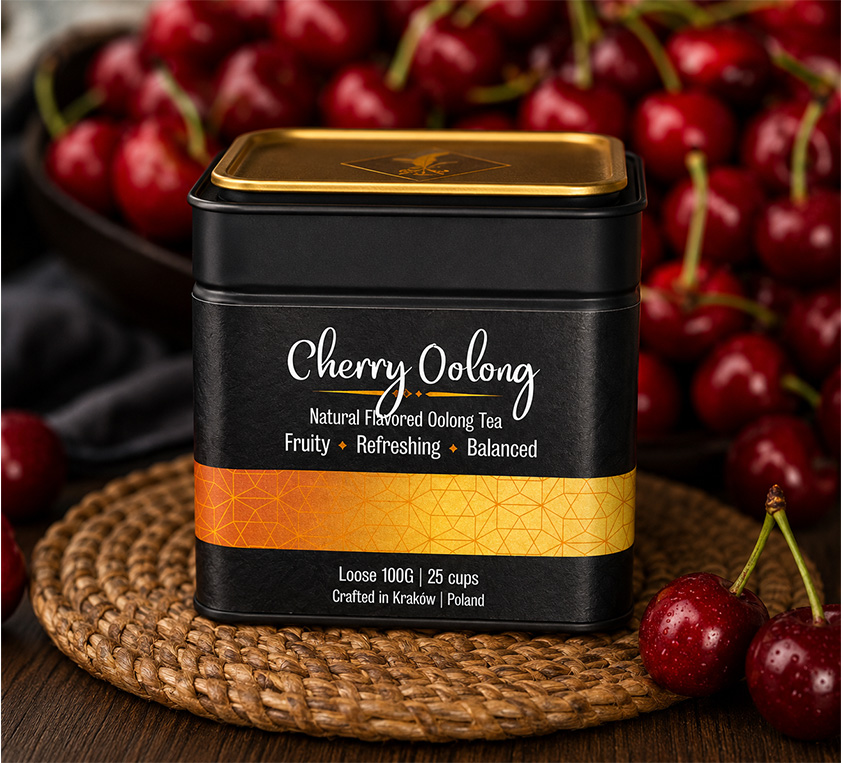 Cherry Oolong Leo Tea – elegancka puszka, doypack i kubek prezentowy